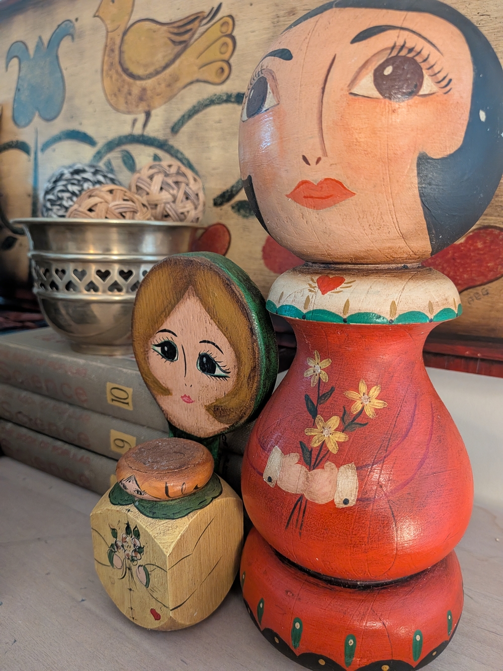 Hand Painted Wooden Folk Art Woman Figurine Doll Floral Heart Decor 7.5"